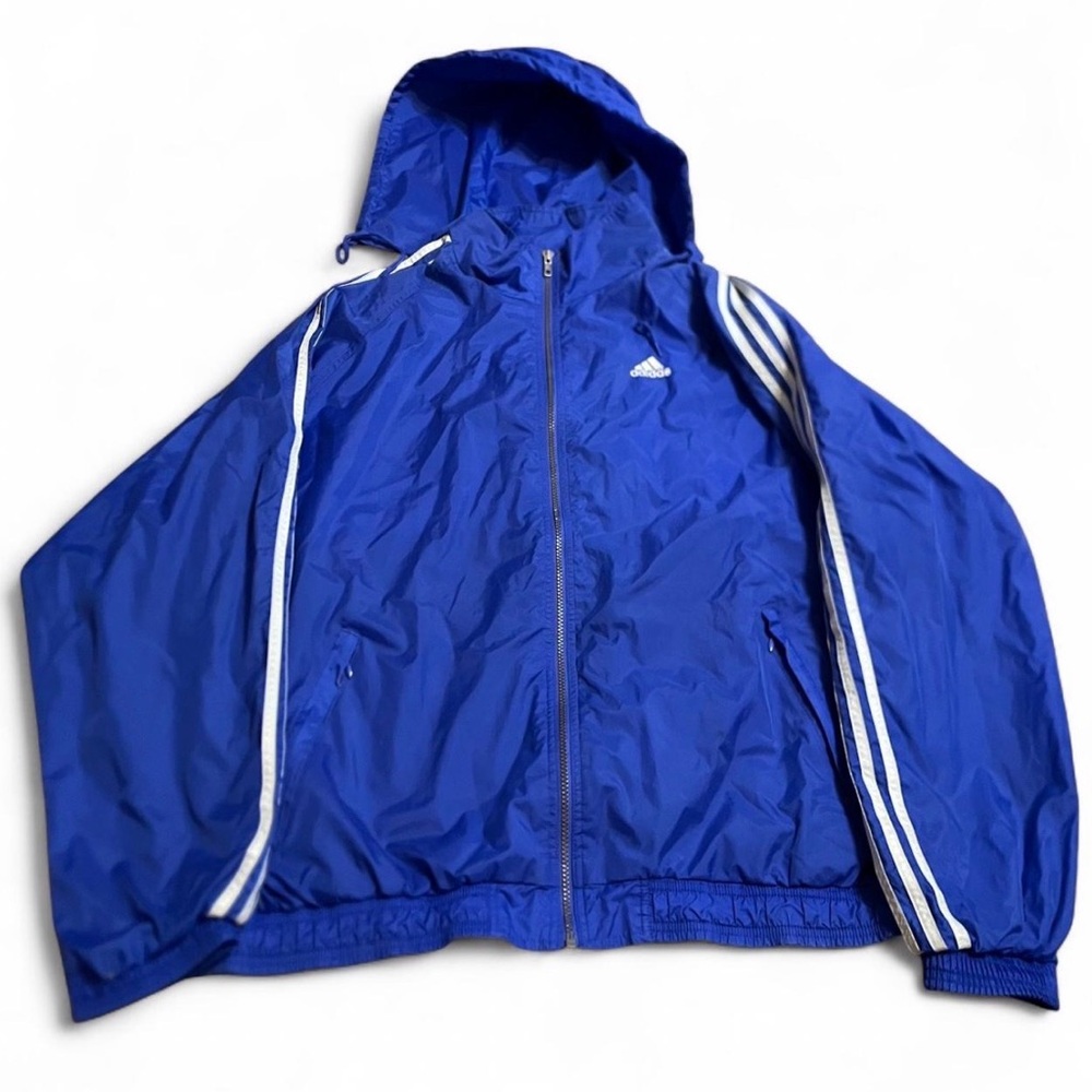 Men’s Vintage Adidas Blue 3 Stripe Full Zip Hooded Windbreaker Size 2XL